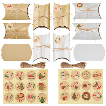 24Pcs Pillow Foldable Creative Christmas Paper Candy Box with Cord, Round Dot Paper Stickers and Clips, Mixed Color, Gift Box: 14.9x8x4cm