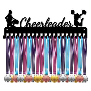 Iron Medal Holder Frame, Medals Display Hanger Rack, 20 Hooks, with Screws, Rectangle with Girl and Word Cheerleader Pattern, Electrophoresis Black, 13.6x40cm