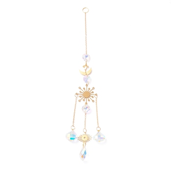 Hanging Crystal Aurora Wind Chimes, with Prismatic Pendant and Snowflake-shaped Iron Link, for Home Window Chandelier Decoration, Golden, 295mm