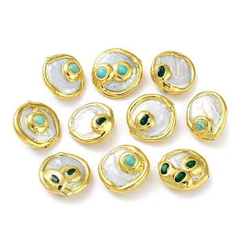Baroque Natural Keshi Pearl Flat Round Beads, Rack Plating Brass Beads with Glass and Synthetic Turquoise, Long-Lasting Plated, Golden, 22~24x22~23.5x9~12.5mm, Hole: 0.8mm