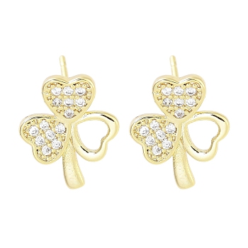 Brass Micro Pave Clear Cubic Zirconia Stud Earrings for Women, Real 18K Gold Plated, Clover, 13x10.5mm