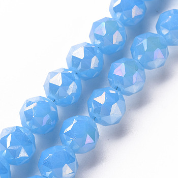 Electroplate Glass Beads Strands, AB Color Plated, Imitation Jade Glass, Faceted, Round, Deep Sky Blue, 10x9.5mm, Hole: 1.2mm, about 60pcs/strand, 21.65 inch~22.05 inch(55cm~56cm)