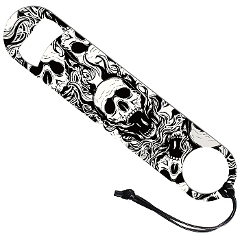 201 Stainless Steel Bottle Opener, with PU Leather Cord, Rectangle, Skull, 178x38x2mm