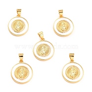 Brass Enamel Pendants, Cadmium Free & Lead Free, Long-Lasting Plated, Flat Round with Virgin Mary, Real 18K Gold Plated, White, 18x16x2.5mm, Hole: 4.5x3.5mm(KK-P209-02G-07-RS)