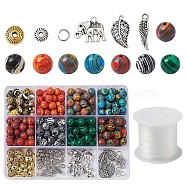 DIY Jewelry, with Synthetic Malachite Beads, Tibetan Style Alloy Findings, 304 Stainless Steel Jump Rings and Elastic Fibre Wire, Mixed Color, 8mm, Hole: 1mm(DIY-TA0001-76)