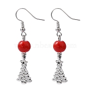 Dangle Earrings, Christmas Tree Earrings, with Glass Beads and Brass Earring Hook, Red, 48mm(EJEW-JE00173)