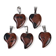 Natural Mahogany Obsidian Heart Pendants, Love Heart Charms with 304 Stainless Steel Snap on Bails, Stainless Steel Color, 22.5x15.5x6mm, Hole: 6x3.5mm(G-H073-03P-12)