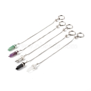 Natural Mixed Gemstone Pointed Dowsing Pendulums, with 304 Stainless Steel Split Key Rings, Bullet, Stainless Steel Color, 220~225x2.5mm(PALLOY-JF00767)