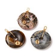 Donut/Pi Disc Natural Gemstone Pendants, Wire Wrapped Pendants, with Eco-Friendly Copper Wire, Real 18K Gold Plated, 37.5x31x7mm, Hole: 3mm(PALLOY-JF00508)