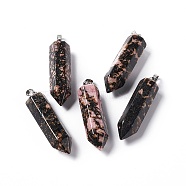 Natural Rhodonite Double Terminated Pointed Pendants, with Platinum Tone Brass Findings, Bullet, 39x10x10mm, Hole: 3x6mm(G-G926-01P-10)