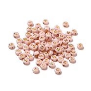 Plating Acrylic Beads, Golden Metal Enlaced, Horizontal Hole, Flat Round with Letter, Light Salmon, 6.5~7x3.5~4mm, Hole: 1.6mm, about 3600g/500g(OACR-P017-A04)