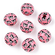 Printed Schima Wooden Beads, Round with Cow Pattern, Hot Pink, 16x14.5mm, Hole: 3.8mm(WOOD-T021-107A)