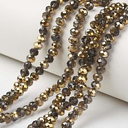 Electroplate Transparent Glass Beads Strands, Half Golden Plated, Faceted, Rondelle, Coconut Brown, 3.5x3mm, Hole: 0.4mm, about 123~127pcs/strand, 13.7~14.1 inch(35~36cm)(EGLA-A034-T3mm-O14)