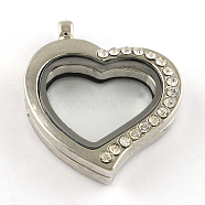 Heart Alloy Rhinestone Magnetic Floating Locket Pendants, Cadmium Free & Lead Free, with Glass Cabochons, Platinum, 34x29x7mm, Hole: 3mm(X-PALLOY-S039-04)