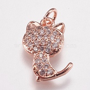 Brass Micro Pave Cubic Zirconia Kitten Charms, Cat Silhouette Shape, Rose Gold, 14x9x2.5mm, Hole: 2mm(ZIRC-E147-42RG)