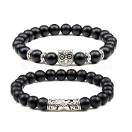 2Pcs Couple Alloy Star Owl & Synthetic Turquoise Stretch Bracelets Sets, for Valentine's Day Gifts, Matte Black, Elastic(RY2820-1)