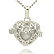 Silver Color Plated Brass Hollow Heart Cage Pendants, with No Hole Spray Painted Brass Round Beads, Silver, 24x26x18mm, Hole: 3x8mm(KK-J243-06S)