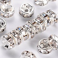 Brass Rhinestone Spacer Beads, Grade AAA, Straight Flange, Nickel Free, Silver Color Plated, Rondelle, Crystal, 4x2mm, Hole: 0.8mm(RB-A014-Z4mm-01S-NF)