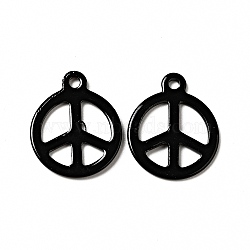 Spray Painted 201 Stainless Steel Pendants, Flat Round with Peace Sign Charm, Black, 15x12.5x1mm, Hole: 1.4mm(STAS-G304-04A)
