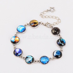 Tibetan Style Alloy Starry Sky Printed Glass Link Bracelets, with Zinc Alloy Lobster Claw Clasps and Iron End Chains, Antique Silver, Sky Blue, 190mm, link: 12x18x5mm(X-BJEW-JB01675)