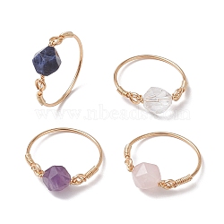 Star Cut Round Natural Mixed Gemstone Finger Rings, Copper Wire Wrapped Ring for Women, Inner Diameter: 20mm(RJEW-JR00726)