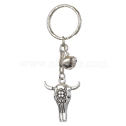 Tibetan Style Alloy Bull Head Kcychain, with Iron Findings and Iron Bells Charm, Antique Silver & Platinum, 8.2cm(KEYC-JKC00562-01)