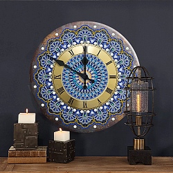 DIY Clock Diamond Painting Kits, Including Round Plastic Plate, Resin Rhinestones, Diamond Sticky Pen, Tray Plate and Glue Clay, Flower Pattern, 300x300mm(DIAM-PW0004-121C-05)