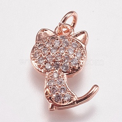 Brass Micro Pave Cubic Zirconia Kitten Charms, Cat Silhouette Shape, Rose Gold, 14x9x2.5mm, Hole: 2mm(ZIRC-E147-42RG)