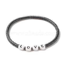 Synthetic Hematite Heishi Beaded Stretch Bracelet with Word Love, Gemstone Jewelry for Women, Black, Inner Diameter: 2-3/8 inch(6cm)(BJEW-JB07570)