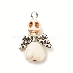 Halloween Dyed Synthetic Turquoise Pendants, Skull Angel Charms with CCB Plastic Wings and Platinum Tone Iron Loops, White, 29x20x9mm, Hole: 2.5mm(PALLOY-JF01598-03-S)