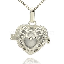 Silver Color Plated Brass Hollow Heart Cage Pendants, with No Hole Spray Painted Brass Round Beads, Silver, 24x26x18mm, Hole: 3x8mm(KK-J243-06S)