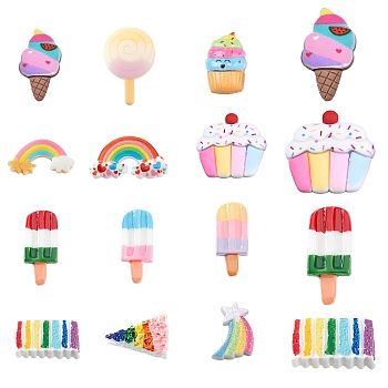 48Pcs 12 Style Rainbow Resin Cabochons, Cake & Lollipop & Ice Cream & Rainbow, Mixed Color, 4pcs/style