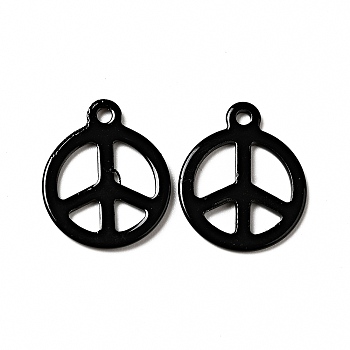 Spray Painted 201 Stainless Steel Pendants, Flat Round with Peace Sign Charm, Black, 15x12.5x1mm, Hole: 1.4mm