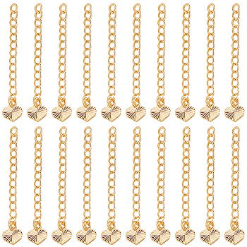 20Pcs Brass Chain Extender, Cable Chain, Nickel Free, with Heart Shape Charms, Real 18K Gold Plated, 52mm, Link: 4x3x0.4mm, Inner Size: 3x2mm, Heart: 7x8x0.5mm