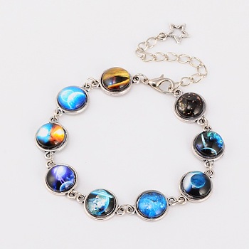 Tibetan Style Alloy Starry Sky Printed Glass Link Bracelets, with Zinc Alloy Lobster Claw Clasps and Iron End Chains, Antique Silver, Sky Blue, 190mm, link: 12x18x5mm