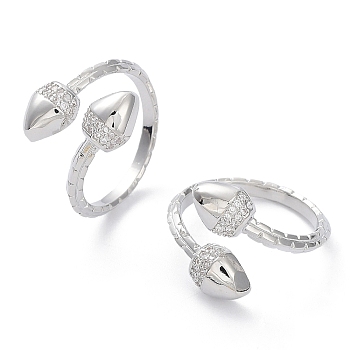 Clear Cubic Zirconia Double Acorn Open Cuff Rings, Brass Jewelry for Women, Platinum, Inner Diameter: 19mm