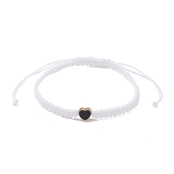 Nylon Thread Braided Bead Adjustable Bracelets, with Alloy Enamel Heart, for Women, White, Inner Diameter: 2-3/8~4-1/8 inch(6.1~10.6cm)