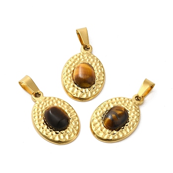 Natural Tiger Eye Pendants, 304 Stainless Steel Oval Charms, Real 18K Gold Plated, 23.5x16x5.5mm, Hole: 4x7.5mm