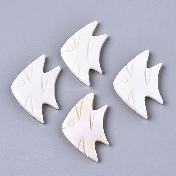 Natural Freshwater Shell Beads, Half Drilled, Fish, Creamy White, 17x26x3mm, Half Hole: 1mm
