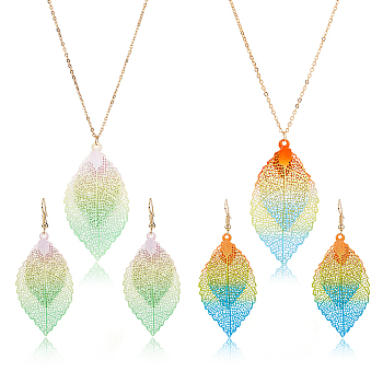 FIBLOOM 2 Sets 2 Colors Filigree Leaf Pendant Neclace & Dangle Earrings, Iron Jewelry Set for Women, Mixed Color, 620mm, 69mm, Pin: 0.5mm, 1 set/color