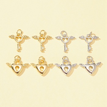 8Pcs 4 Style Rack Plating Brass Pendants, with Jump Ring, Long-Lasting Plated, Lead Free & Cadmium Free, Heart Key & Heart with Wing Charm, Mixed Color, 12.5~14x15.5~17.5x2.2~3mm, Hole: 3.5~3.6mm, 2pcs/style