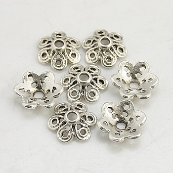 Tibetan Style Alloy Bead Caps, Lead Free & Cadmium Free, Flower, Antique Silver, about 12.5mm long, 12.5mm wide, 4mm thick, hole: 1.5mm