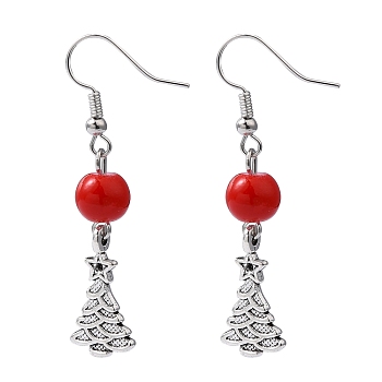 Dangle Earrings, Christmas Tree Earrings, with Glass Beads and Brass Earring Hook, Red, 48mm