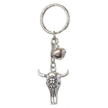 Tibetan Style Alloy Bull Head Kcychain, with Iron Findings and Iron Bells Charm, Antique Silver & Platinum, 8.2cm
