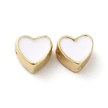 Rack Plating Alloy Enamel Beads, Heart, Golden, White, 8x8.5x5mm, Hole: 1mm