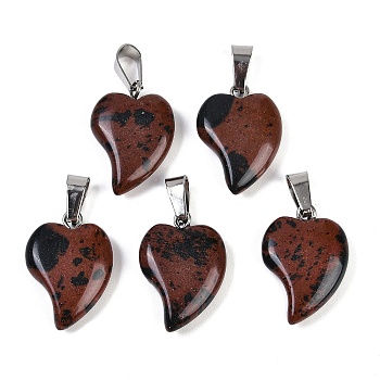 Natural Mahogany Obsidian Heart Pendants, Love Heart Charms with 304 Stainless Steel Snap on Bails, Stainless Steel Color, 22.5x15.5x6mm, Hole: 6x3.5mm