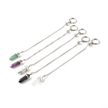Natural Mixed Gemstone Pointed Dowsing Pendulums, with 304 Stainless Steel Split Key Rings, Bullet, Stainless Steel Color, 220~225x2.5mm