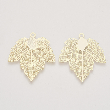 Autumn Theme Brass Filigree Pendants, Nickel Free, Maple Leaf, Real 18K Gold Plated, 35.5x31.5x0.3mm, Hole: 2mm