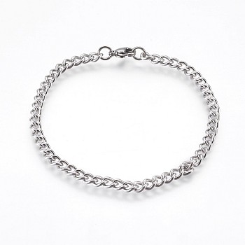 304 Stainless Steel Curb Chain Bracelets, with Lobster Claw Clasps, Stainless Steel Color, 8-1/2 inch(21.5cm), 4.5mm