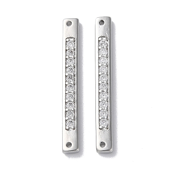Brass Pave Clear Cubic Zirconia Connector Charms, Rectangle Links, Real Platinum Plated, 32x3.5x2mm, Hole: 1mm